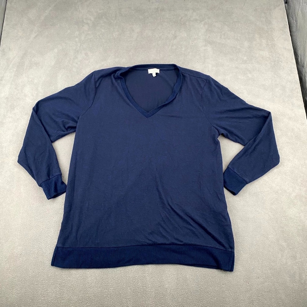 Lucky Brand Sweater Womens 2XL Blue Tight Knitted Ribbed Hem Side Slit V Neck